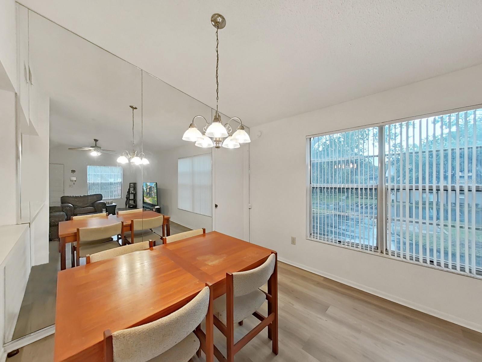 Dinning Room with Mirrored Wall reflecting Living Room