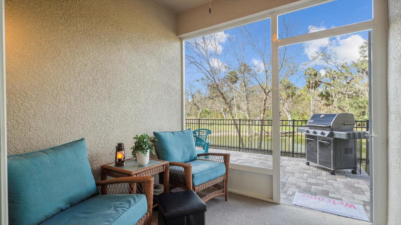 Back screened patio overlooking the pond & river