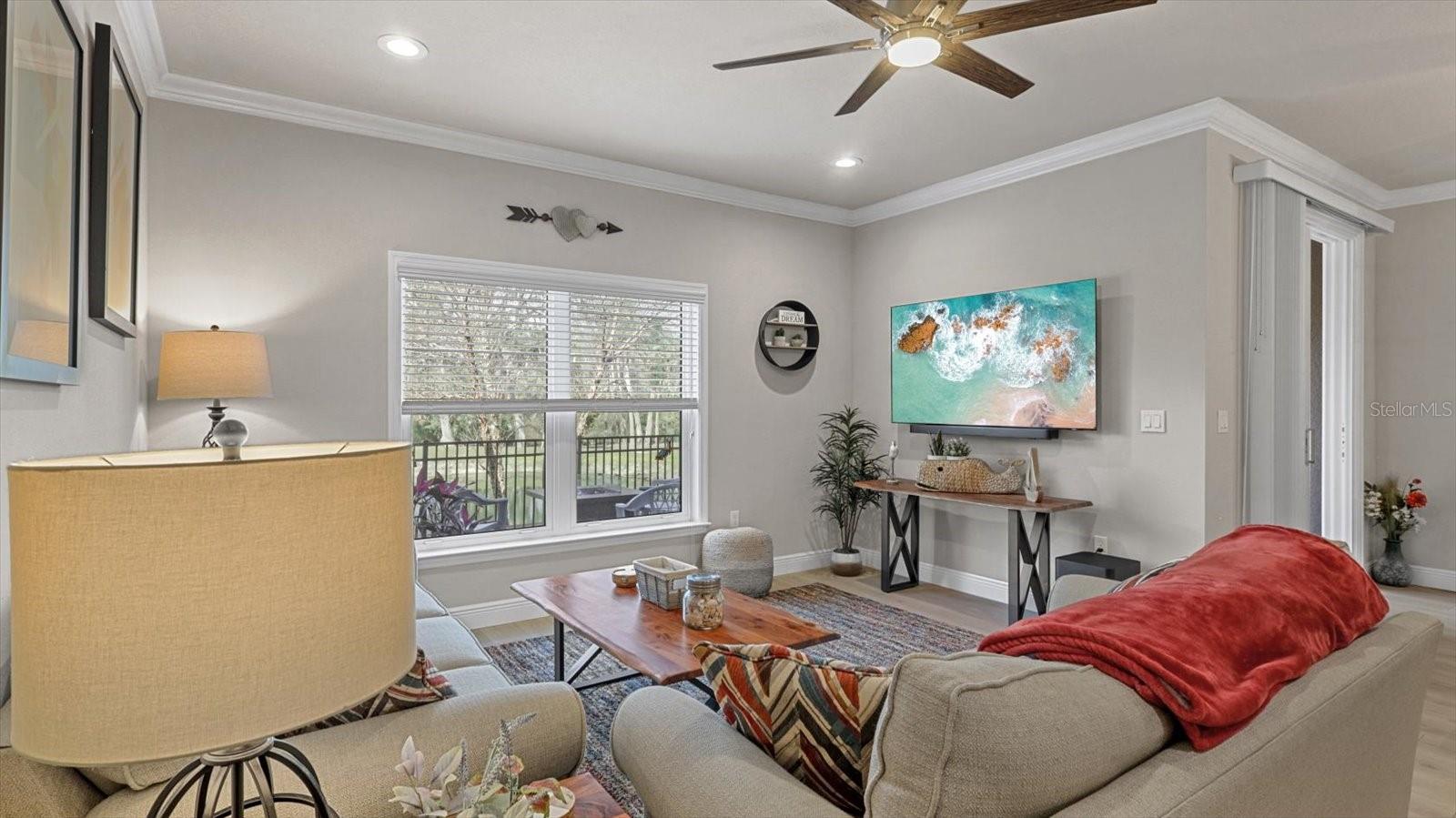 Great room overlooking the pond & Cotee River