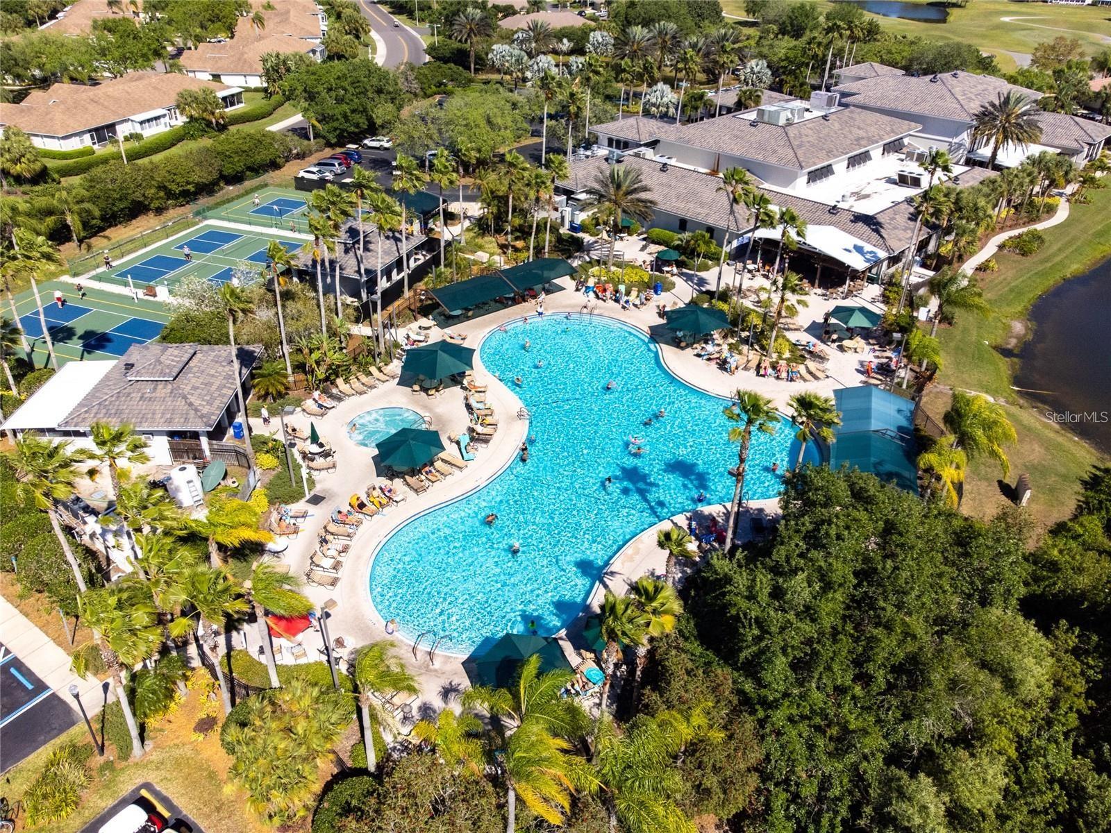 Pool, pickle ball, club house, tiki bar