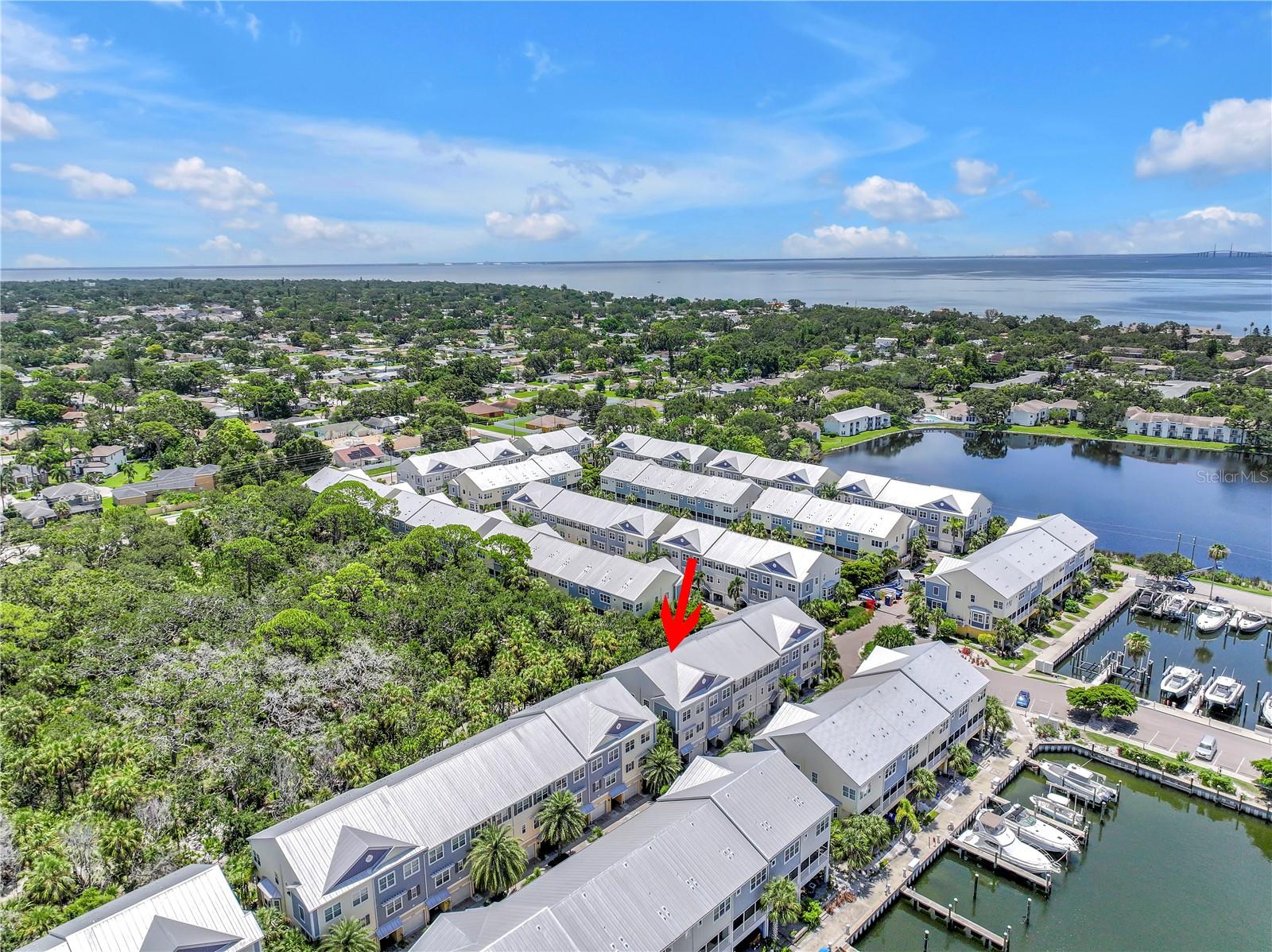 Aerial view of home on the preserve with Tampa Bay in the background.