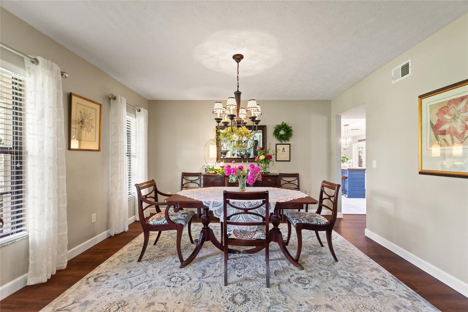 Dining room with peek into kitchen.