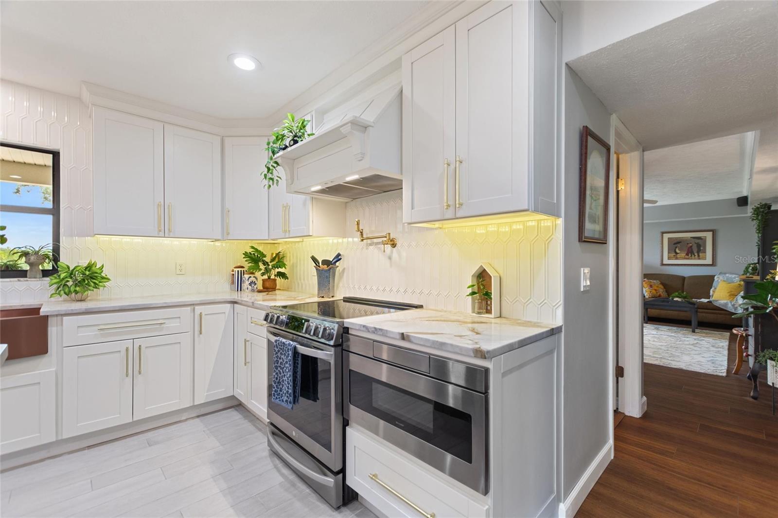 The kitchen has great features:  a pot filler, microwave drawer, under-cabinet lighting, mixer lift, spice cabinet, pegboard dividers.  Notice the gorgeous back splash!  The doorway to the right leads into the family room and thee door to the left in the hallway is the powder room.