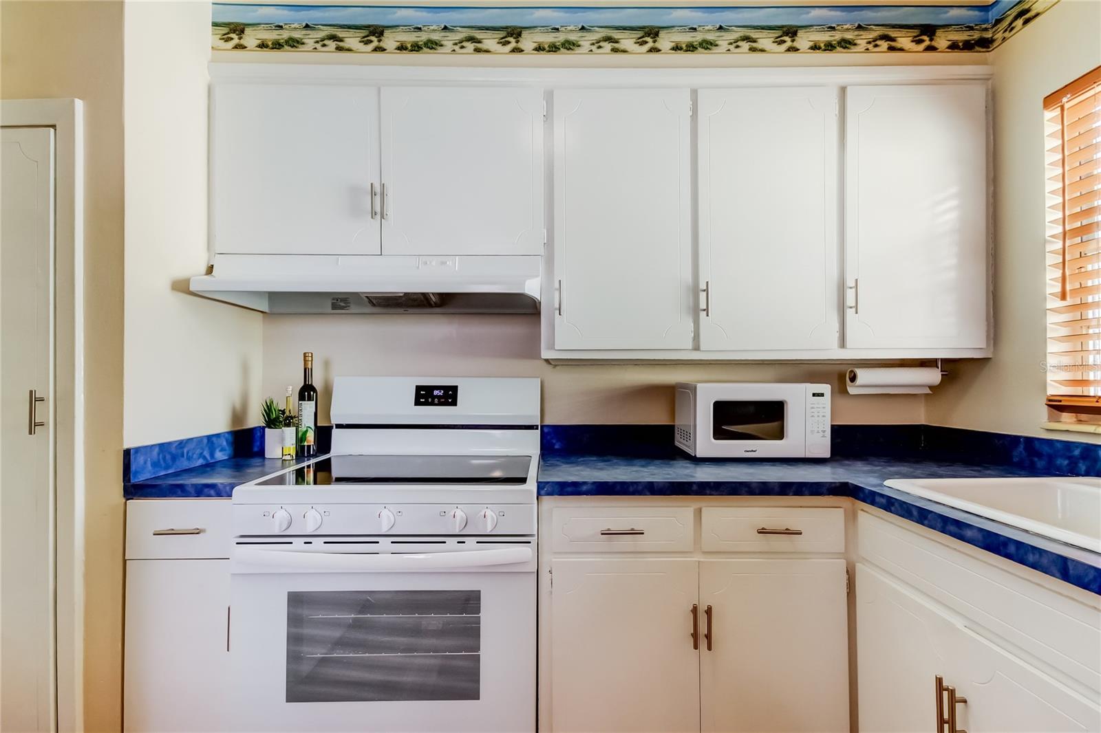 Kitchen showing range, range hood, microwave and partial pantry.