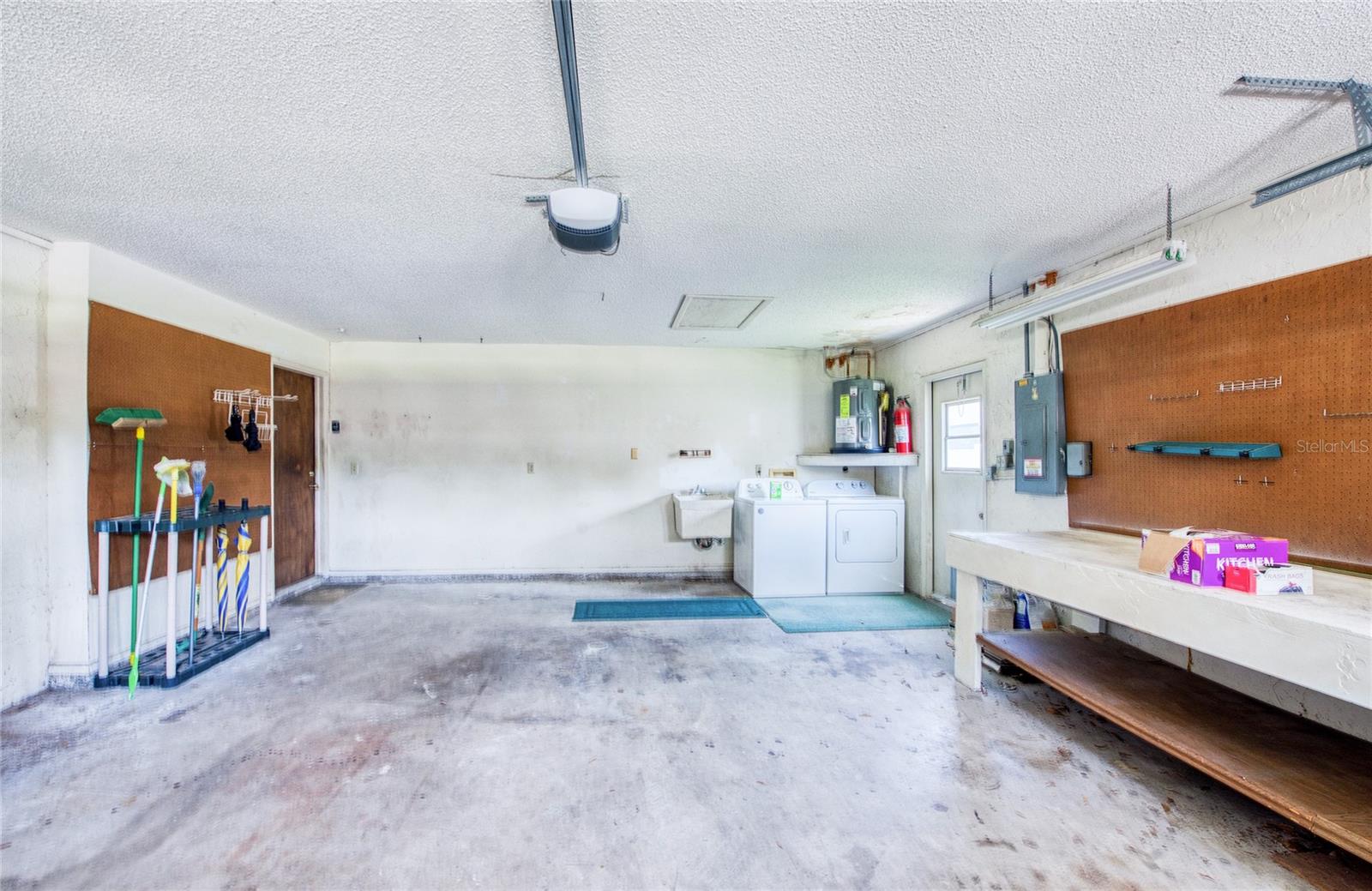 Double car garage with washer/dryer and work bench