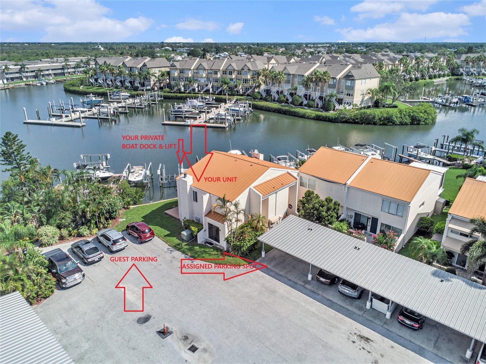 Location marker for unit, assigned parking, boat dock.