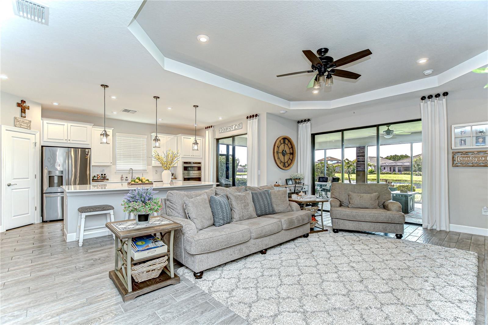 Tray ceiling and sliders to outside!