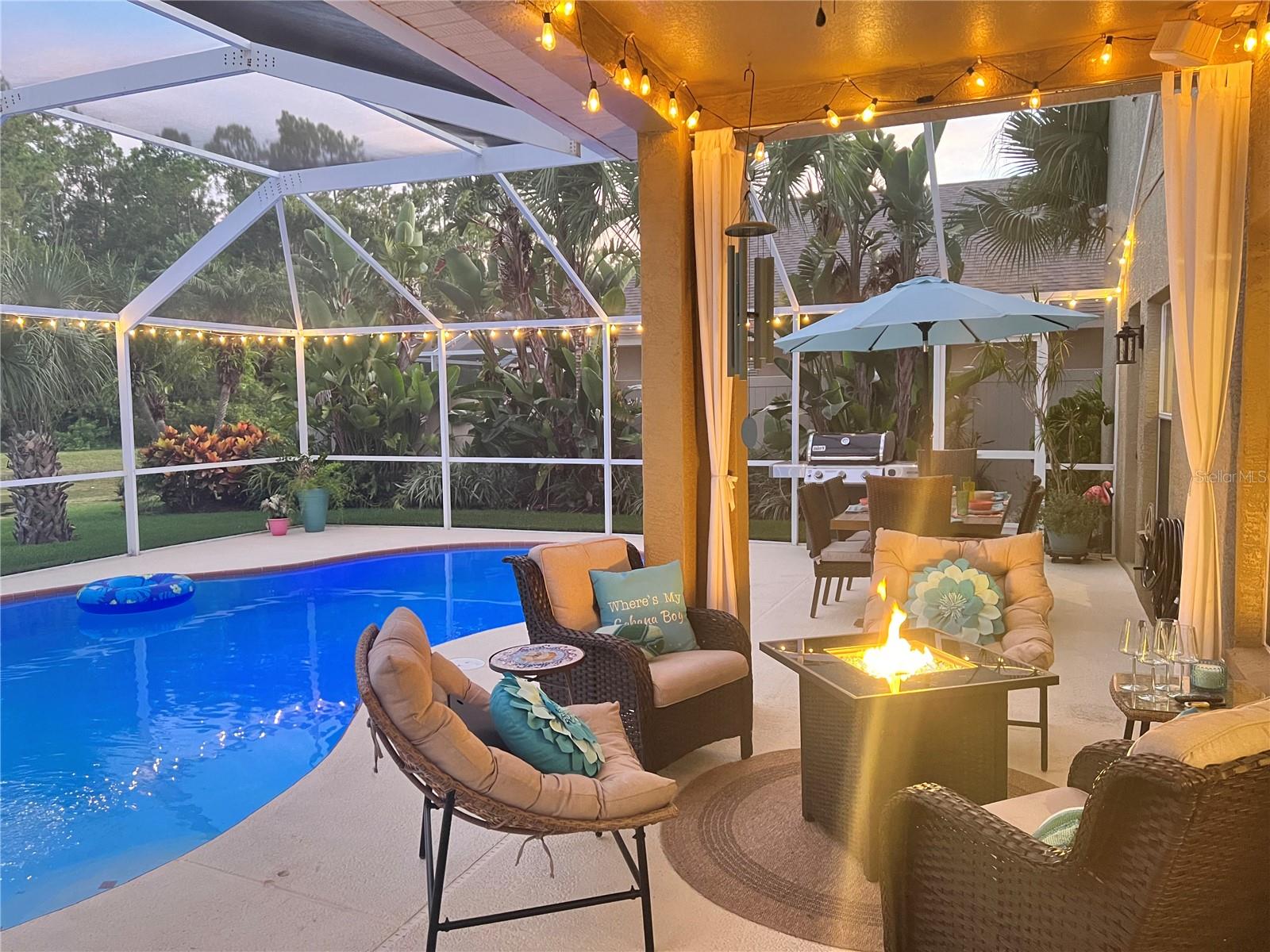 Pool area at dusk.