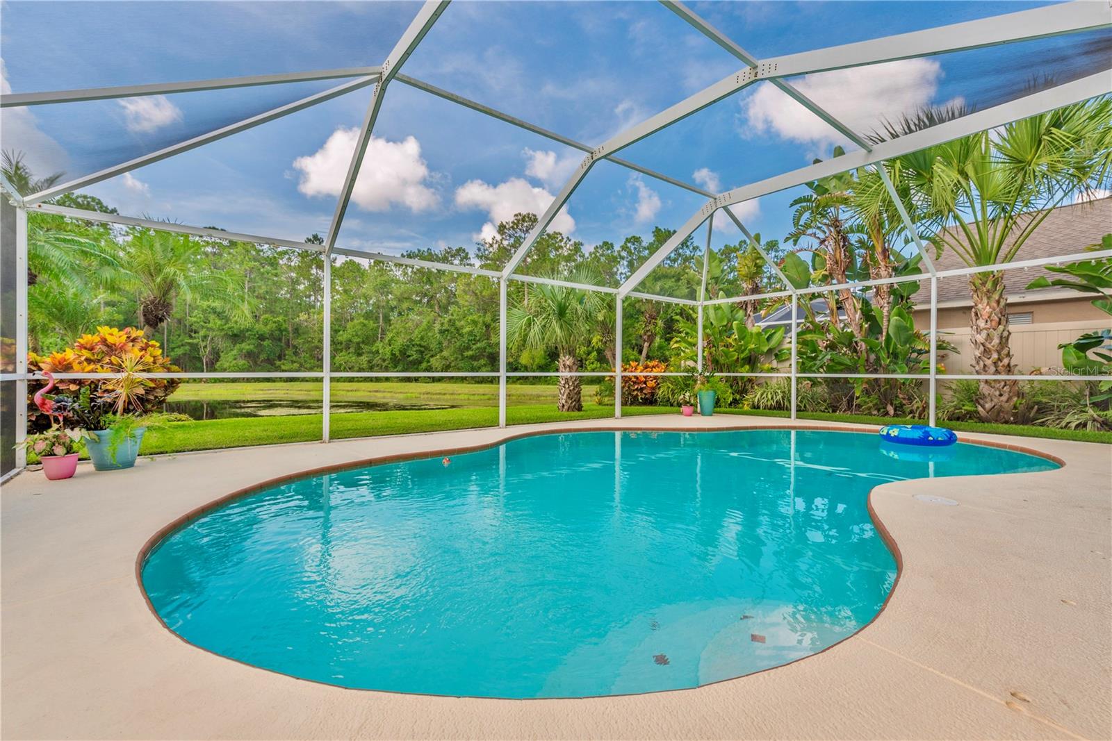 Pool with pond and conservation view.