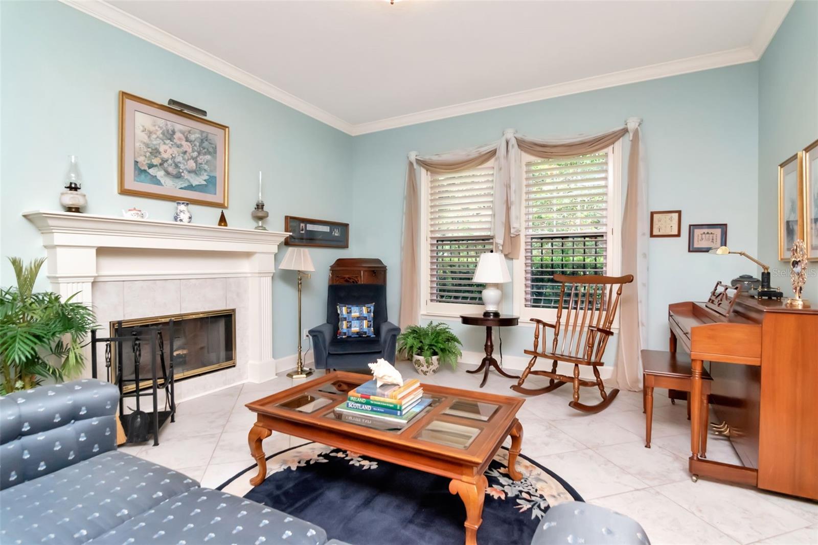 fireplace in living room overlooking park