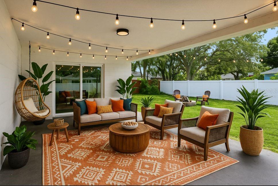 Virtually Staged - This is your first look at what COULD BE the ultimate outdoor hang. The covered patio is a total vibe and a true extension of the living space—whether you’re stringing up lights for a cozy night in or hosting the whole crew. The fully fenced yard (and astro turf side yard) beyond is a blank slate ready for your vision: pool, garden, pets, cornhole tournament—go wild.