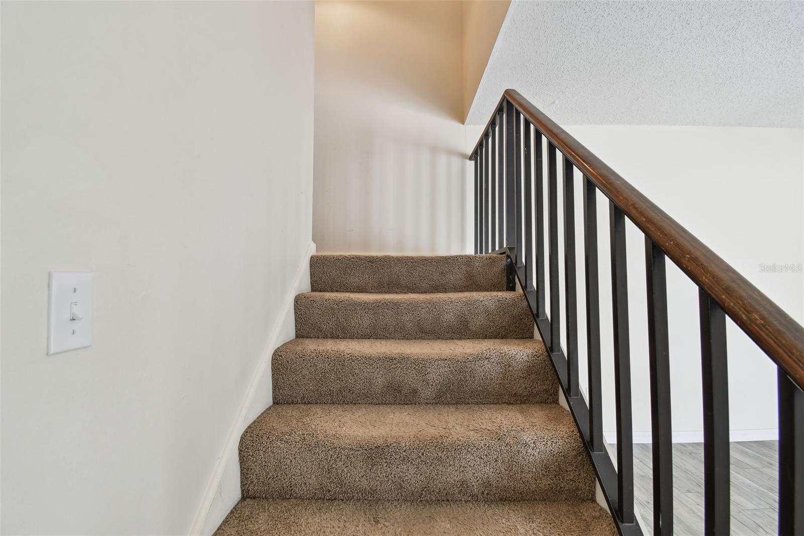 Carpeted stairs to 2nd floor