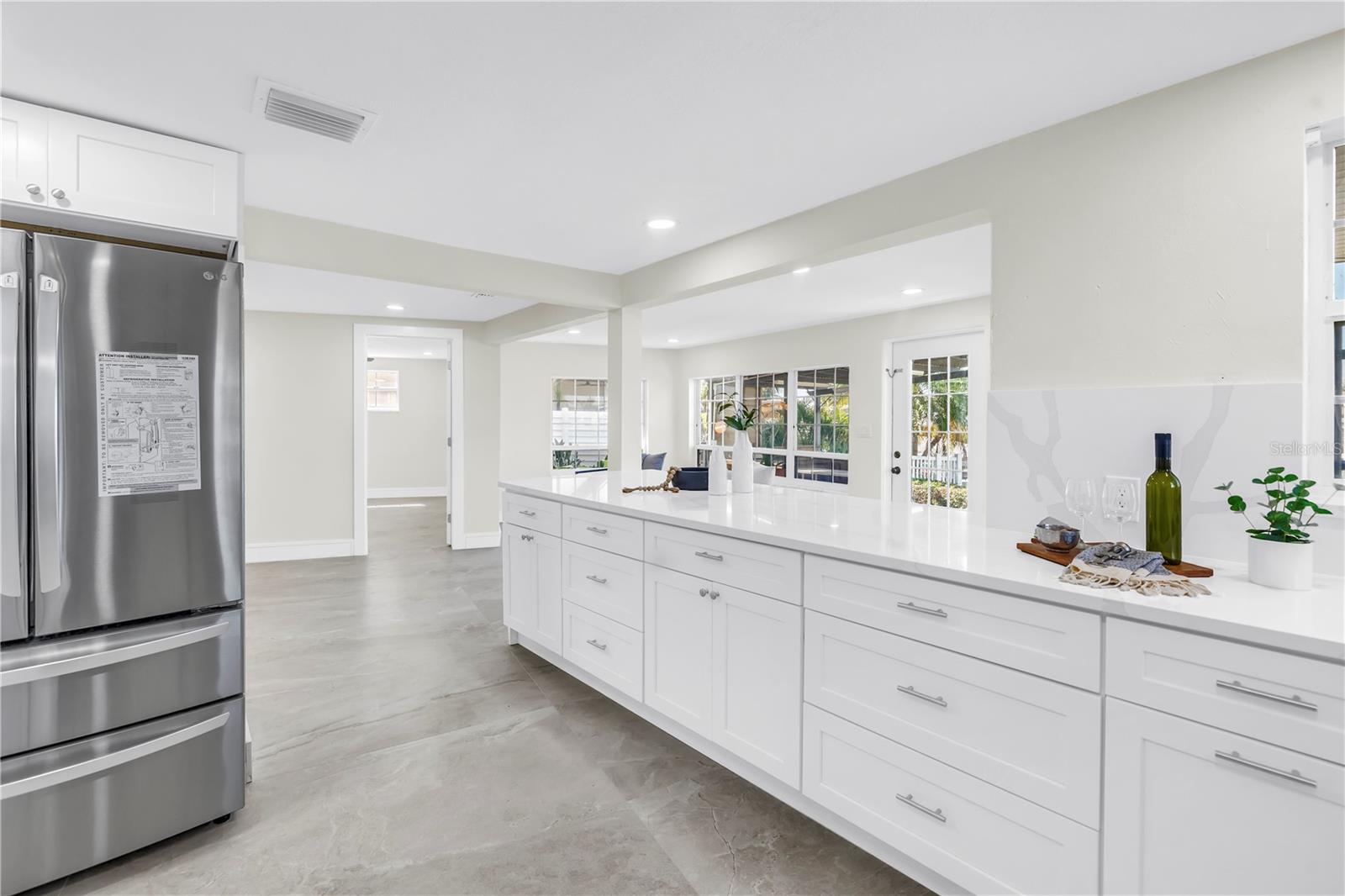 Kitchen features water views.