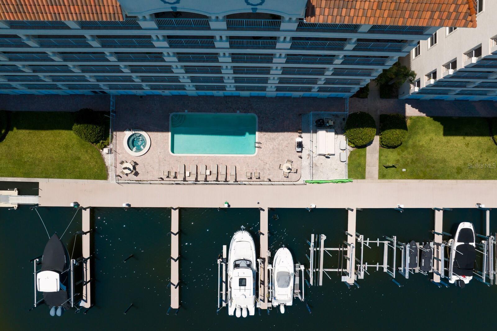 Aerial looking straight down at Bldg 3, the pool & docks