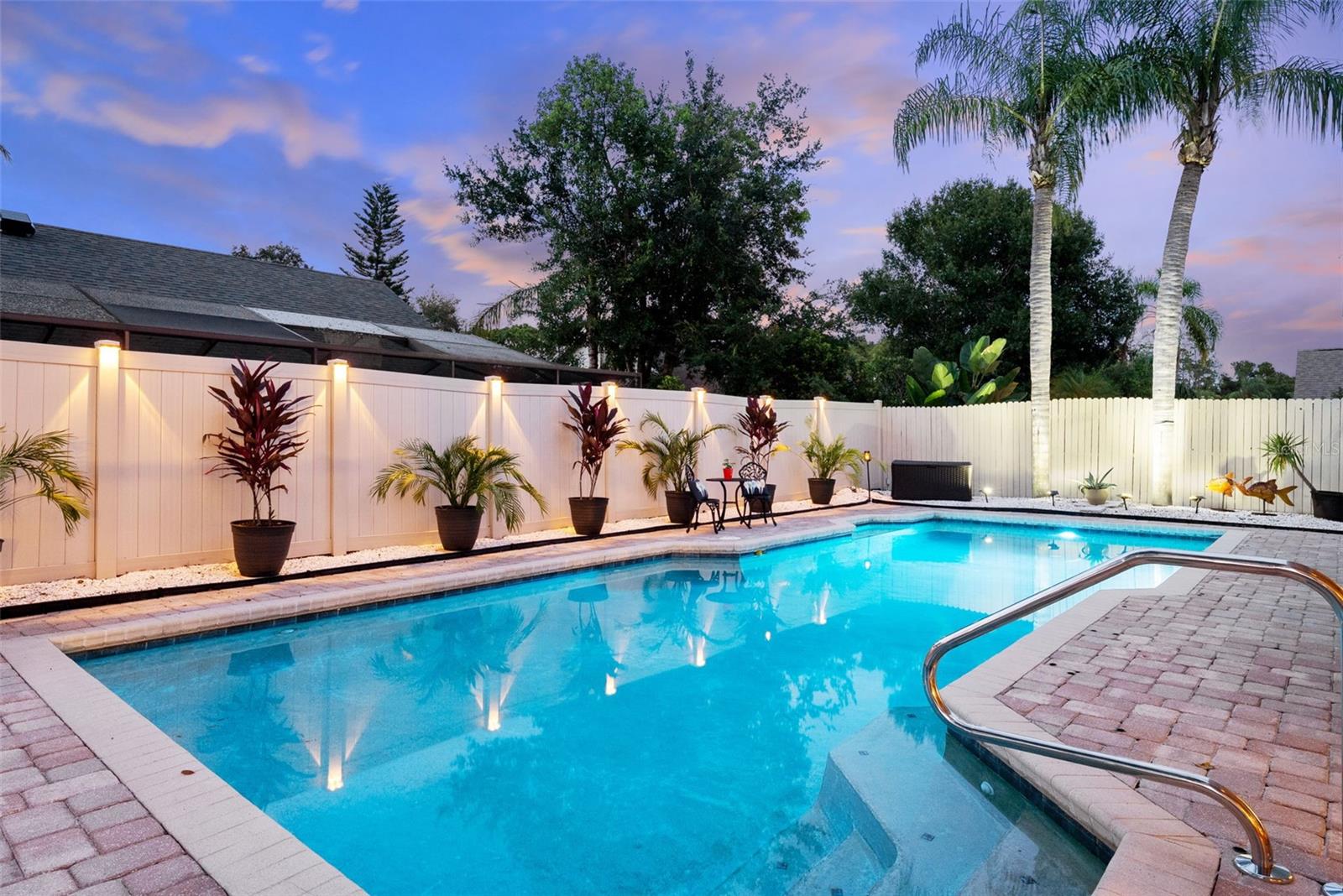 Large pool open with secured new vinyl faced throughout backyard