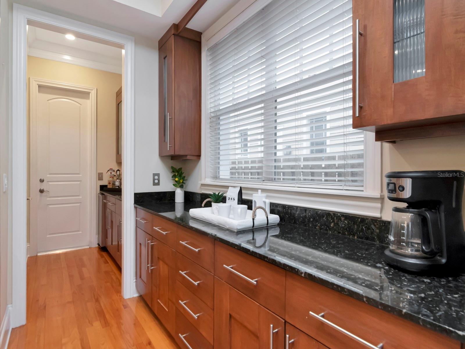 Coffee or wet bar counter for coffee or enteraining.