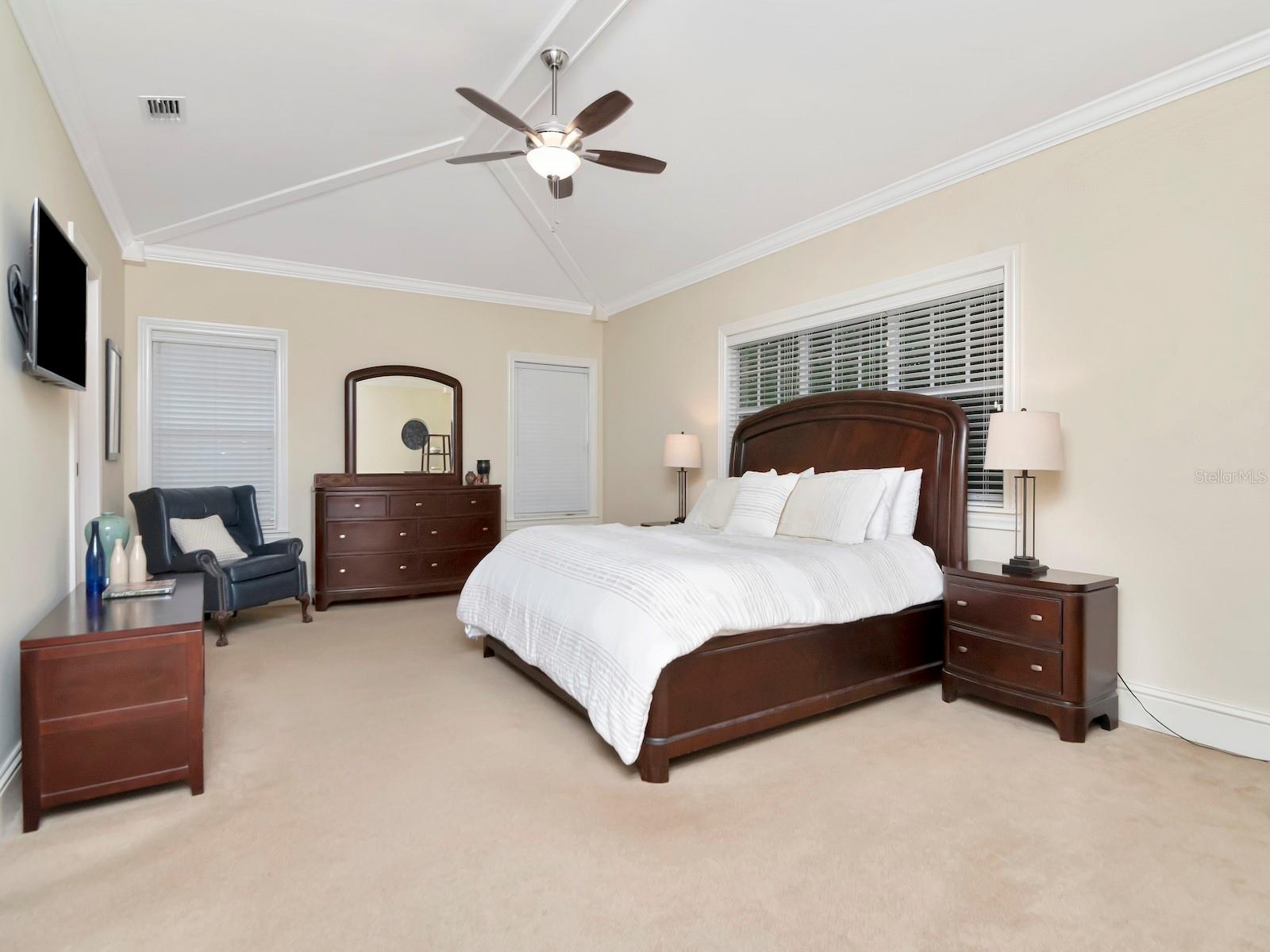 Primary Bedroom Suite with Vaulted Ceilings.
