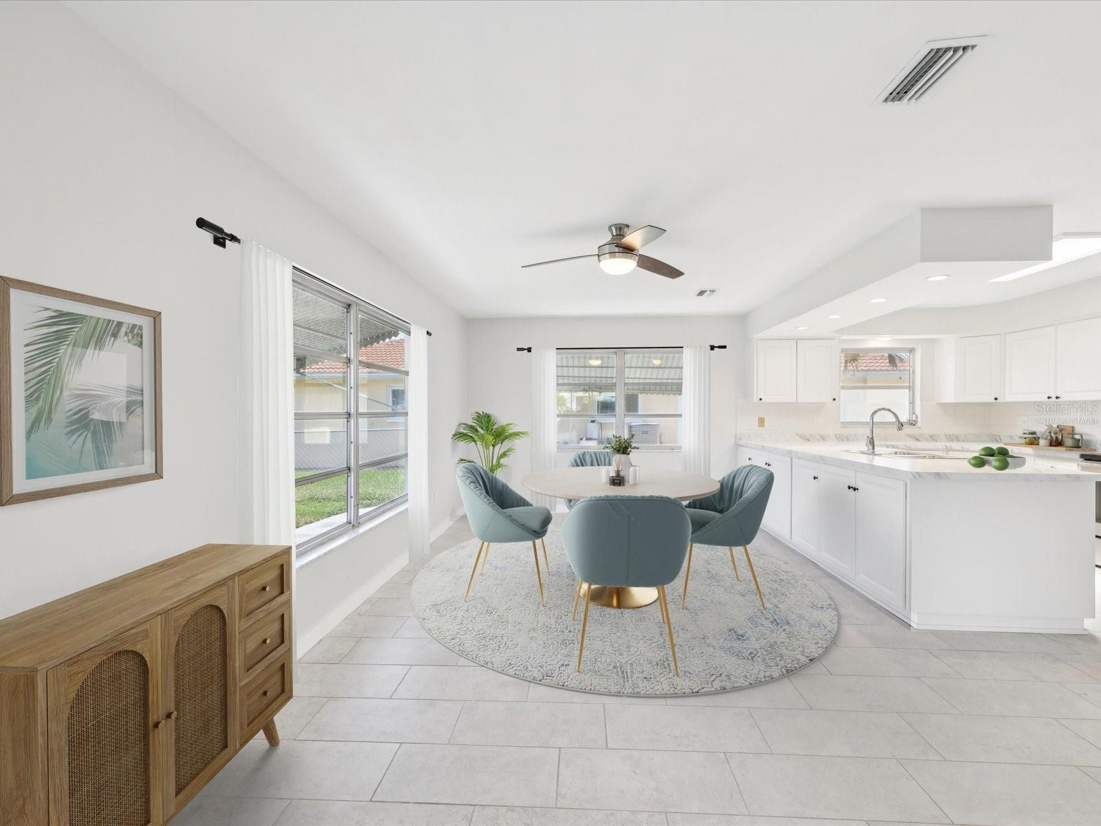 Virtually Staged Family/Dining/Kitchen area