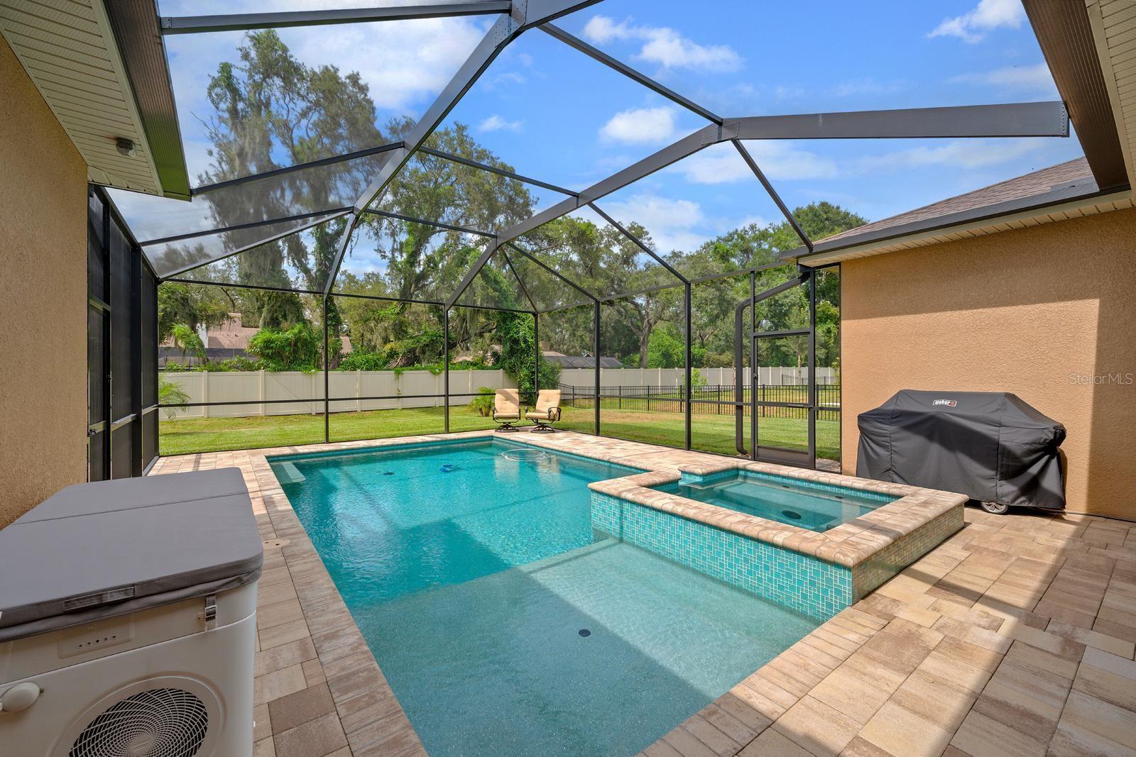 This huge, custom-designed, saltwater pool has a pebble-tec bottom, a sunshelf for little kids or bigger kids, unique iridescent mosaic tiles, and comes with all of the pool equipment.  The jacuzzi spa is such a luxury too!