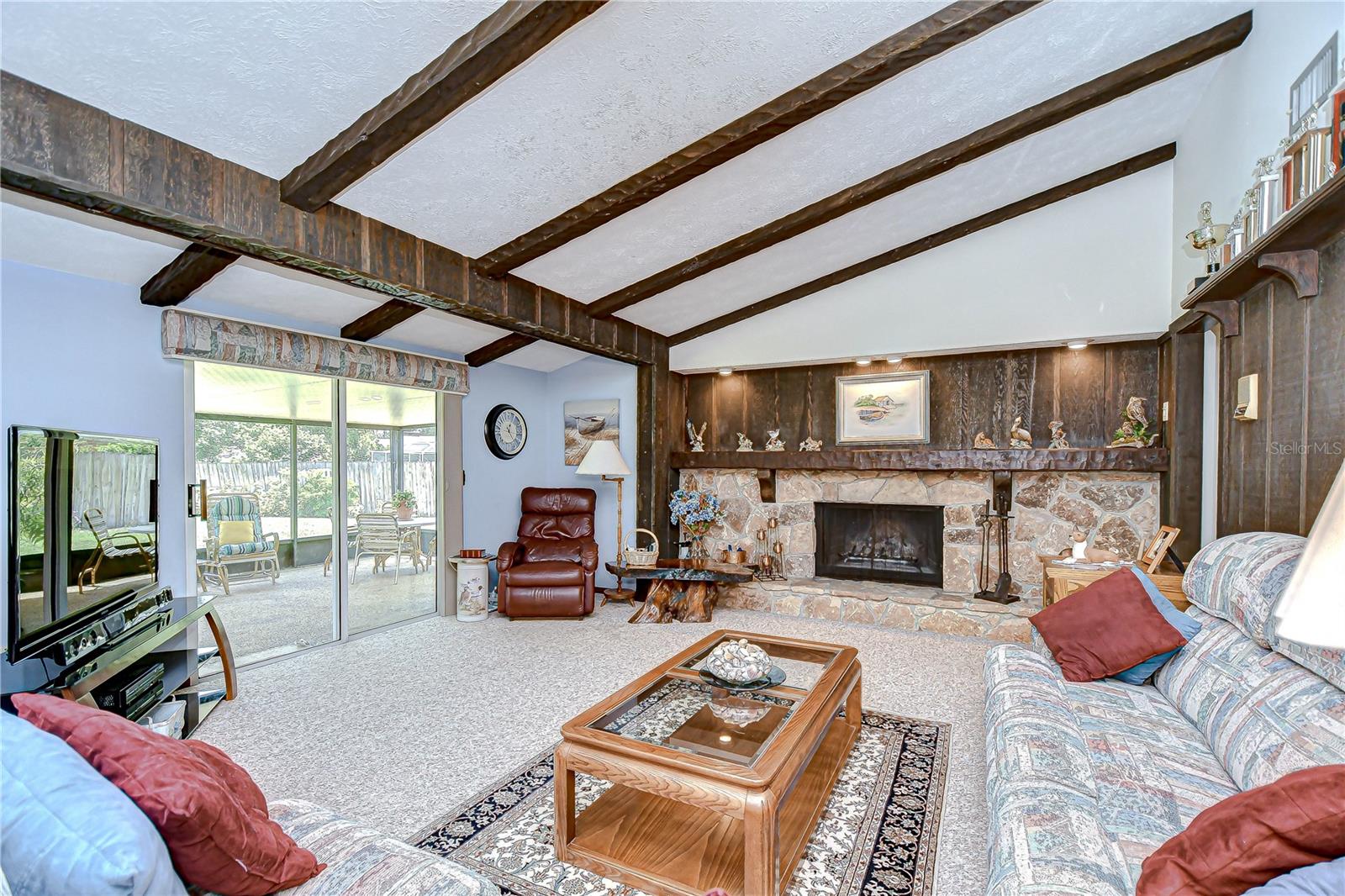 Family room with wood beams!