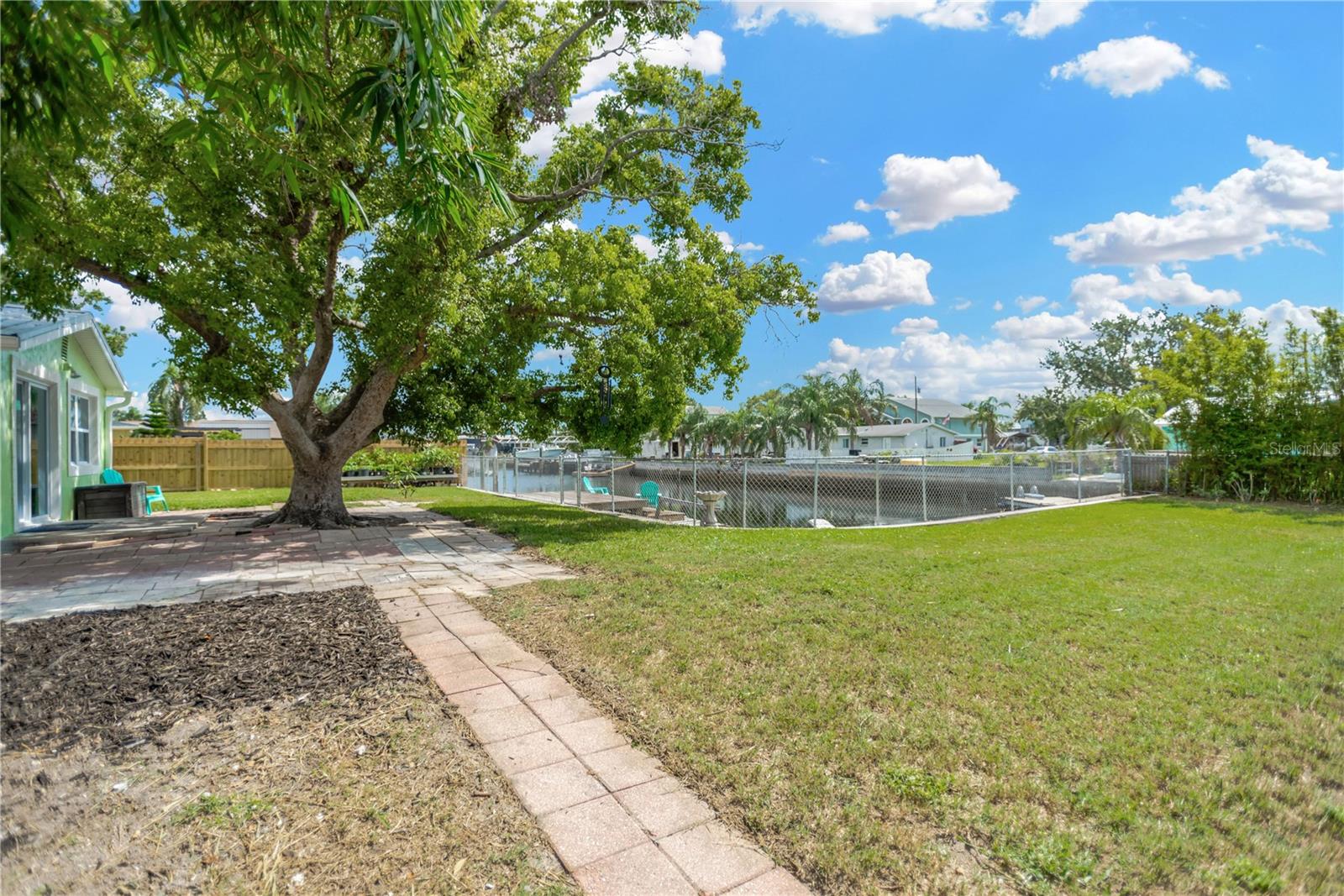 Majestic shade tree enhances this picturesque backyard.
