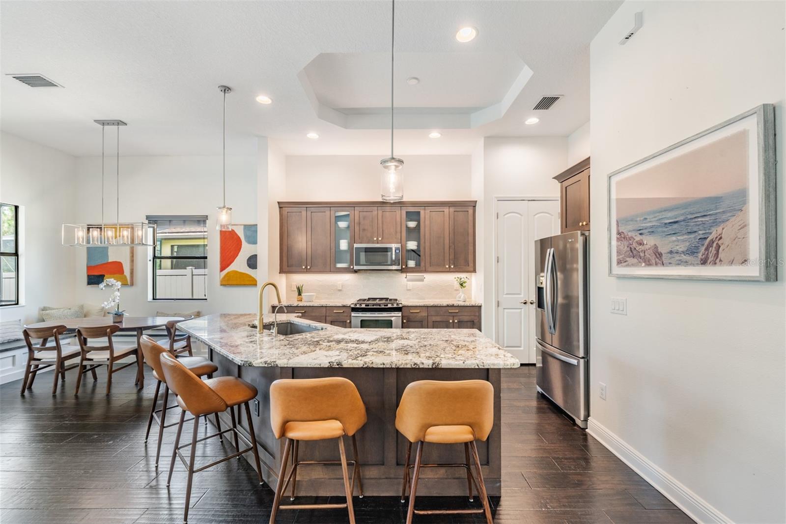 Large breakfast bar with pendent lighting
