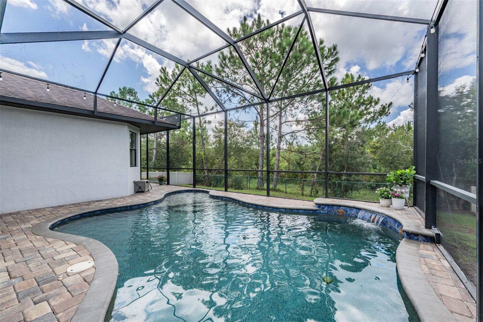 Custom waterfall with the tree-line back drop makes this ultra private