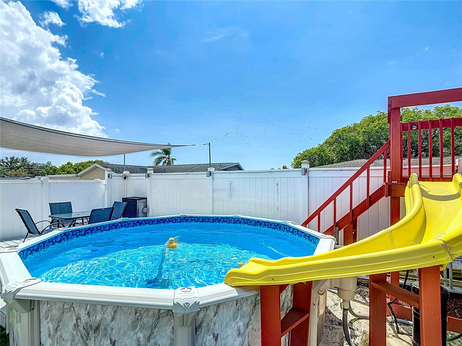 Pool time, use the water slide that features running water.