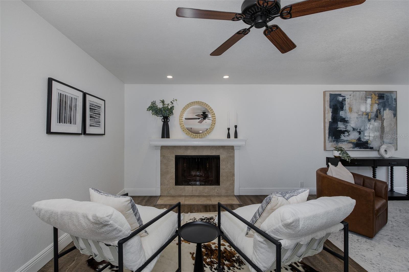 Family room with wood burning fireplace