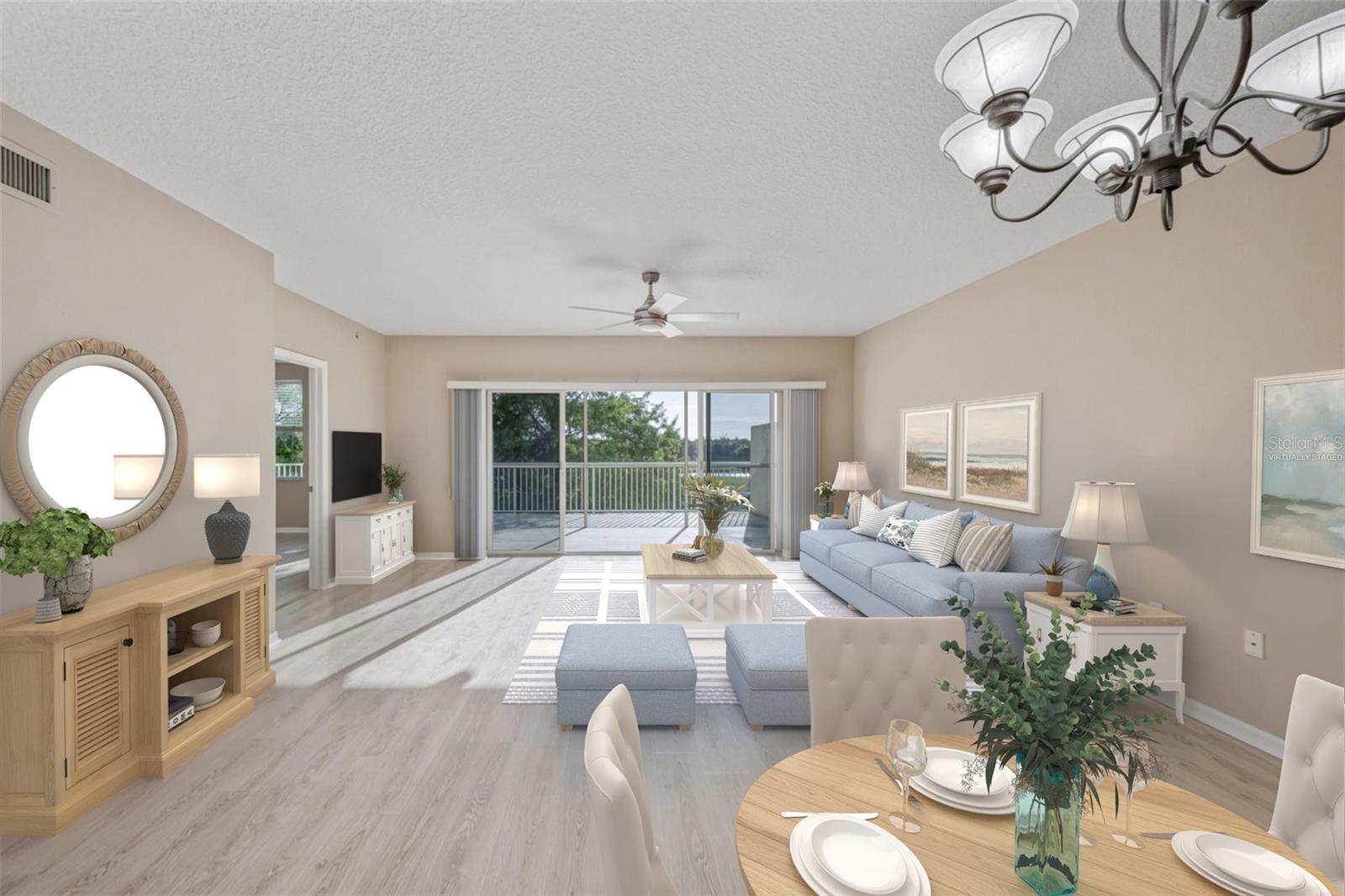 Dining room and living room virtually staged.