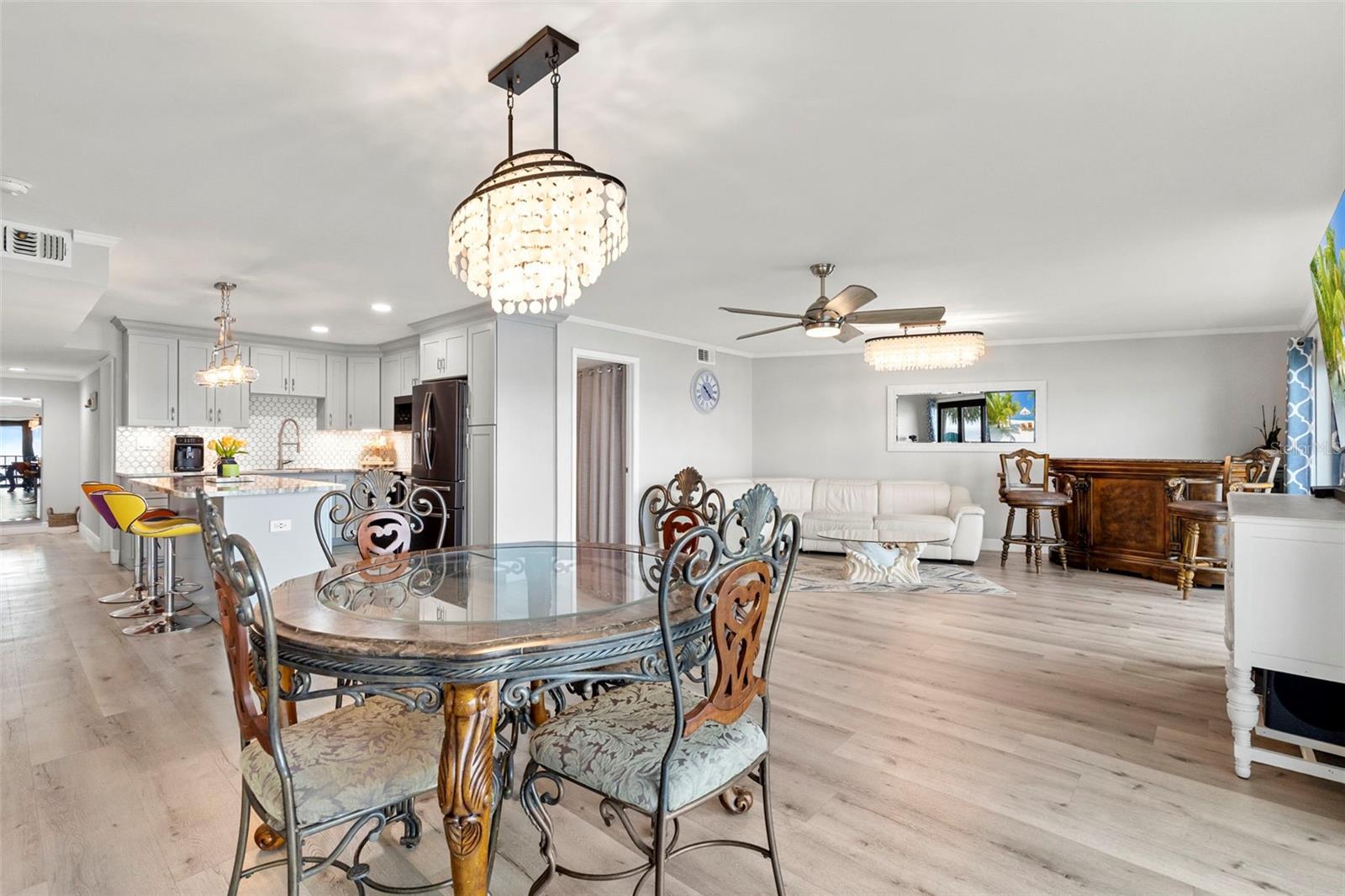 Dining, living room and kitchen view