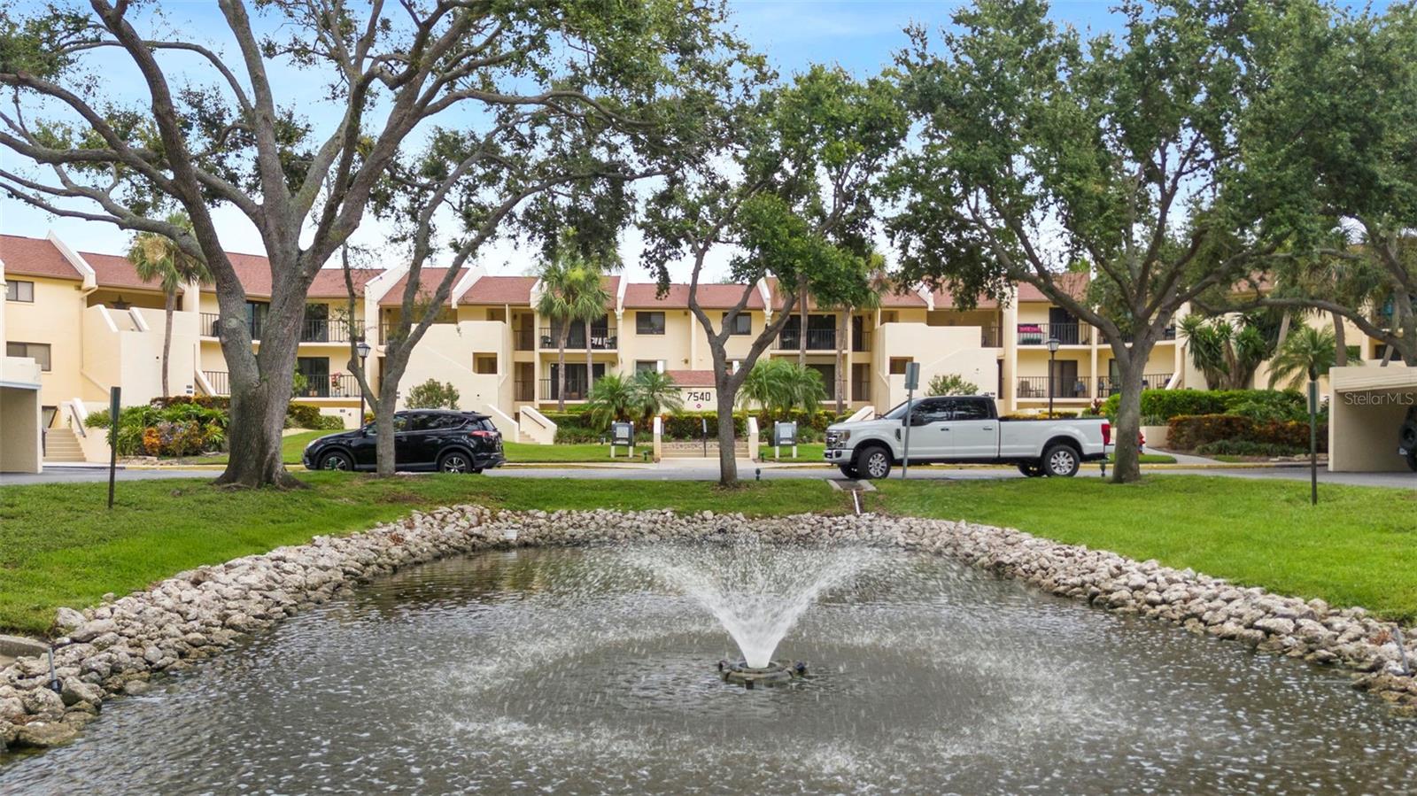 Front landscaping and water fountain view