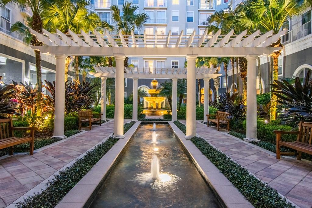 Reflecting pond is beautiful during the day and magical at night with the ambient lighting.