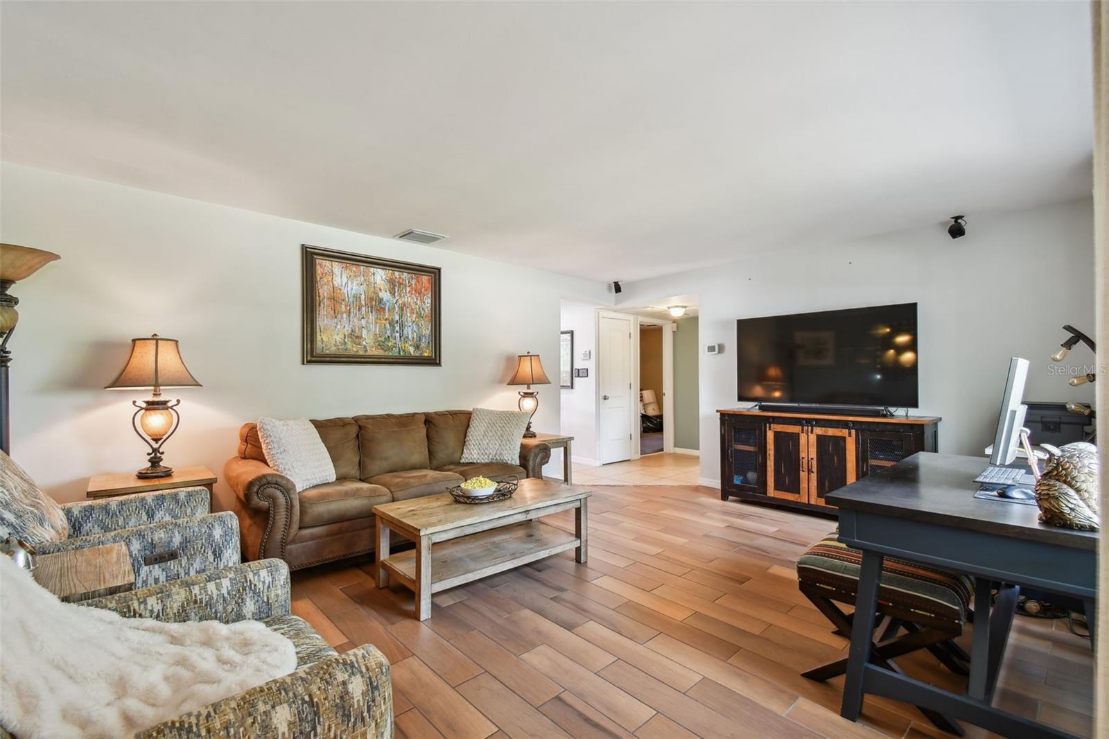 Family Room with wood look tile