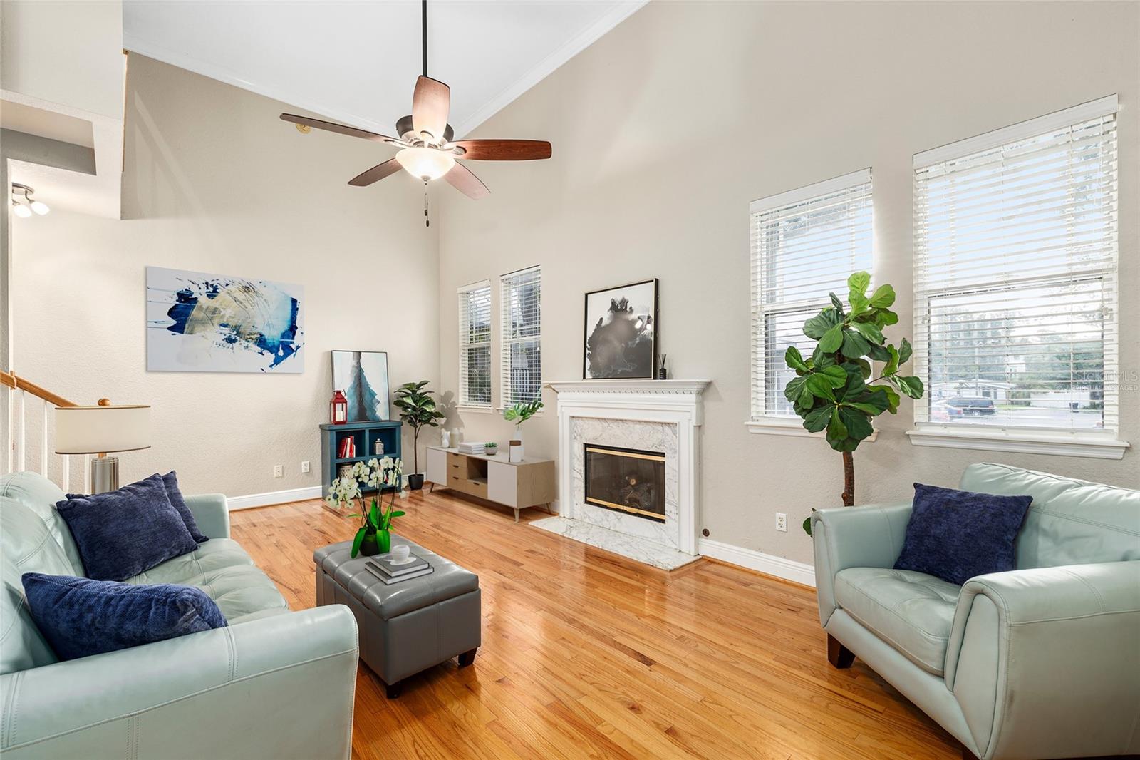 Virtually Staged massive living area with gas fireplace