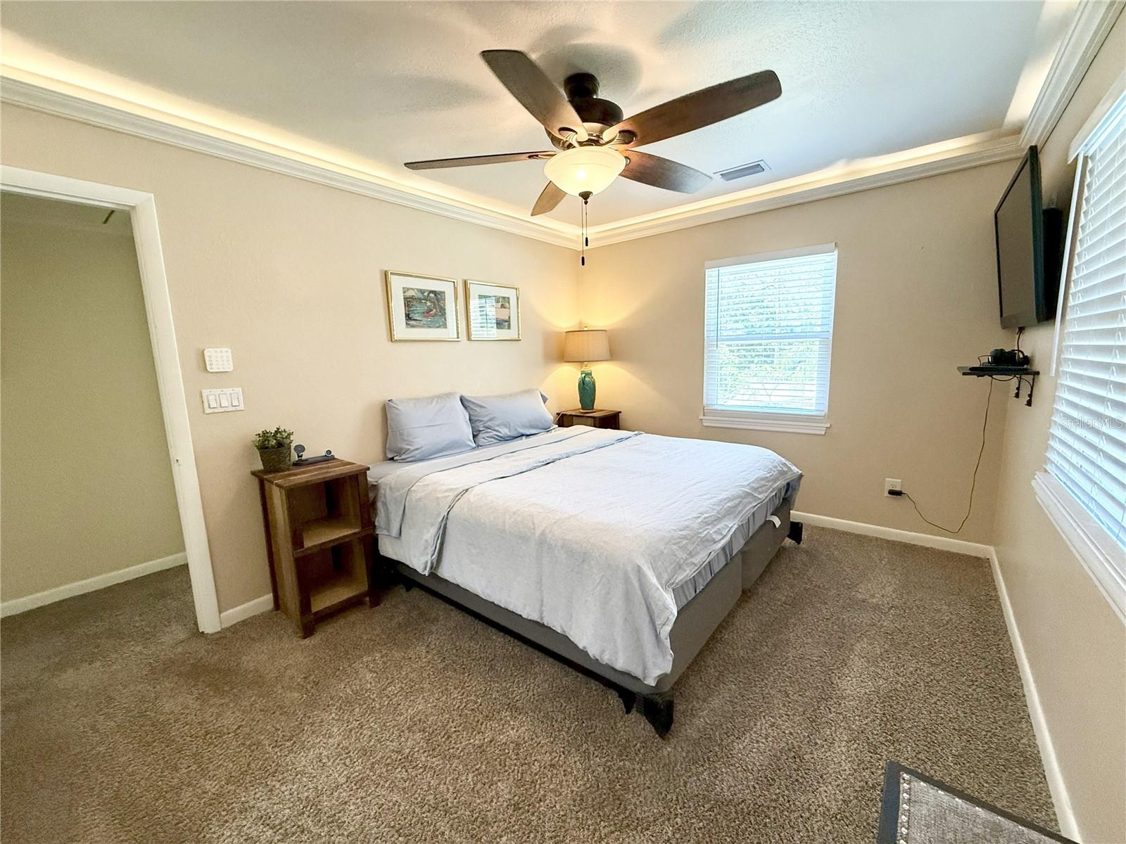 Primary Bed w/tray lighting and walk-in closet