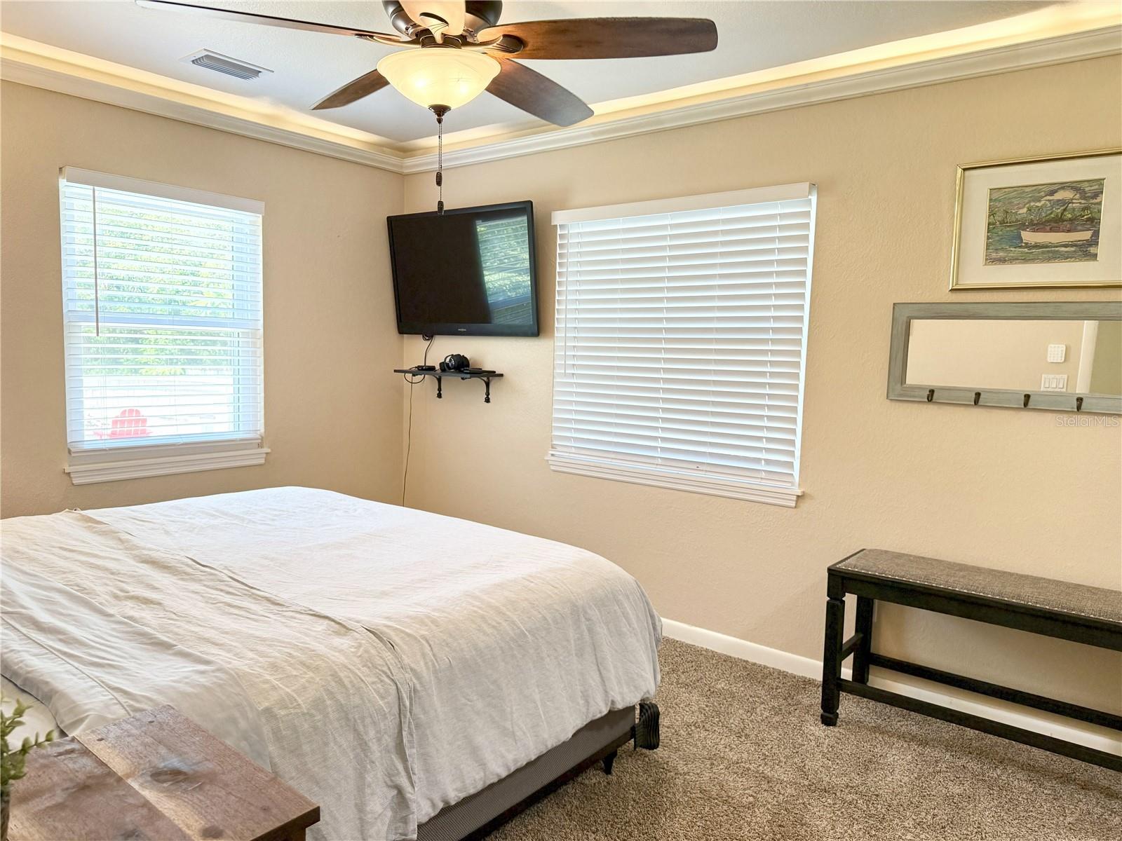 Primary Bed w/tray lighting and walk-in closet