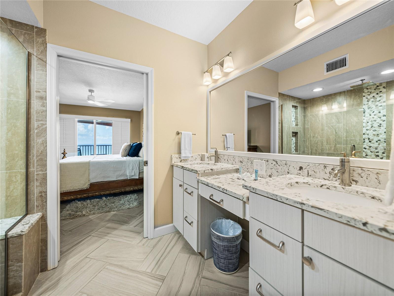 Primary bathroom, double sinks and vanity space