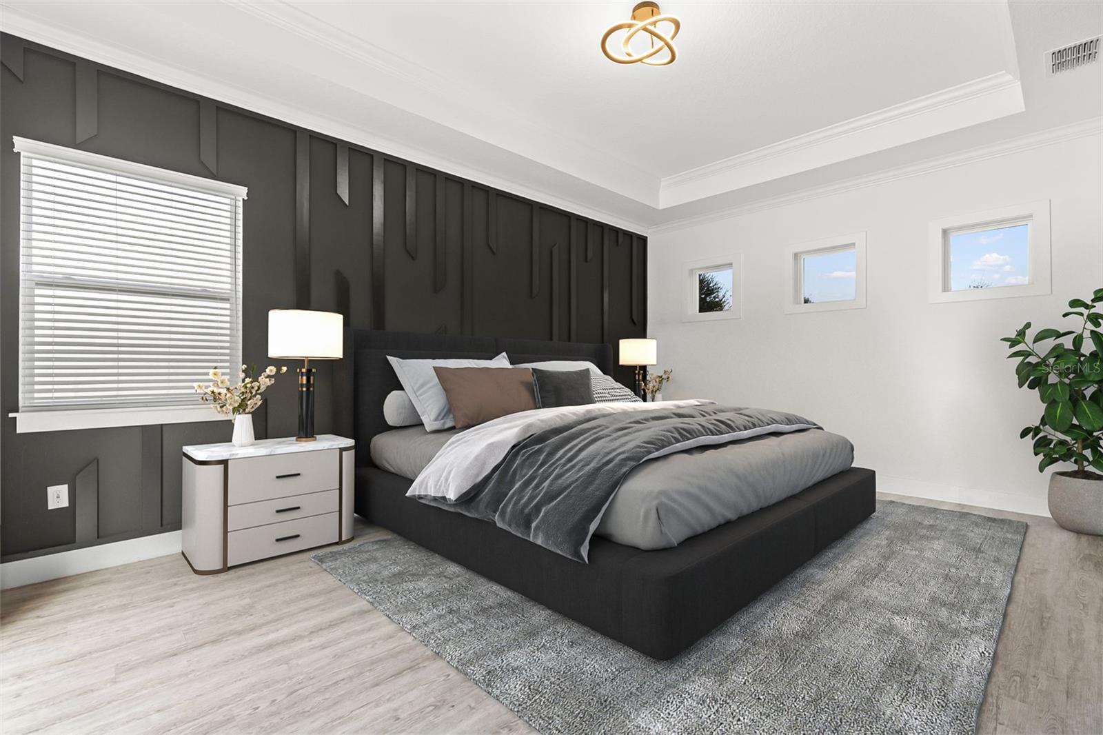 *vitually stagged - Luxurious Primary Suite, includes tray ceilings, custom porcelain accent walls, electric fireplace, dual walk-in closets, and a spa-like bathroom.