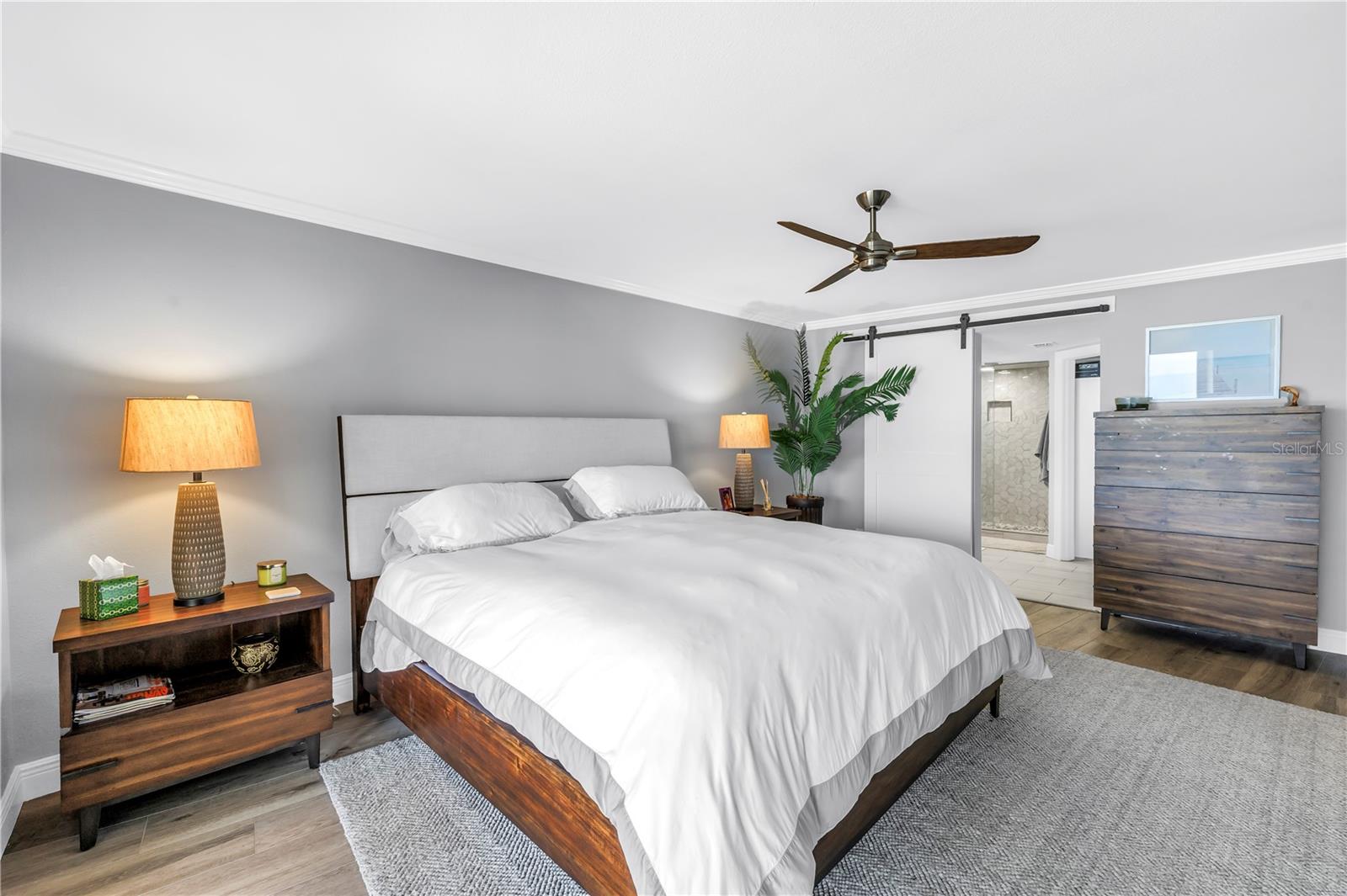 Spacious primary bedroom, the door in the middle of the picture is to the ensuite bathroom and walk in closet