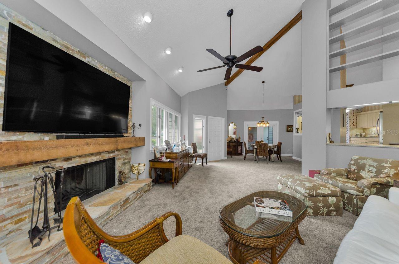 The living room with vaulted ceiling and bookcases to the ceiling!  Such a great space! And the TV can stay!