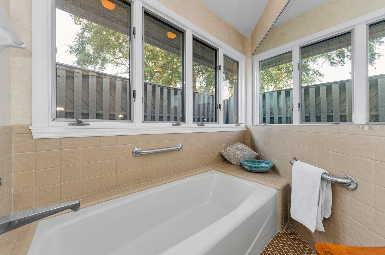 Master bath soaking tub with corner seat.
