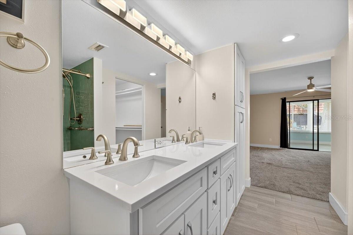 Master bathroom from shower exit.