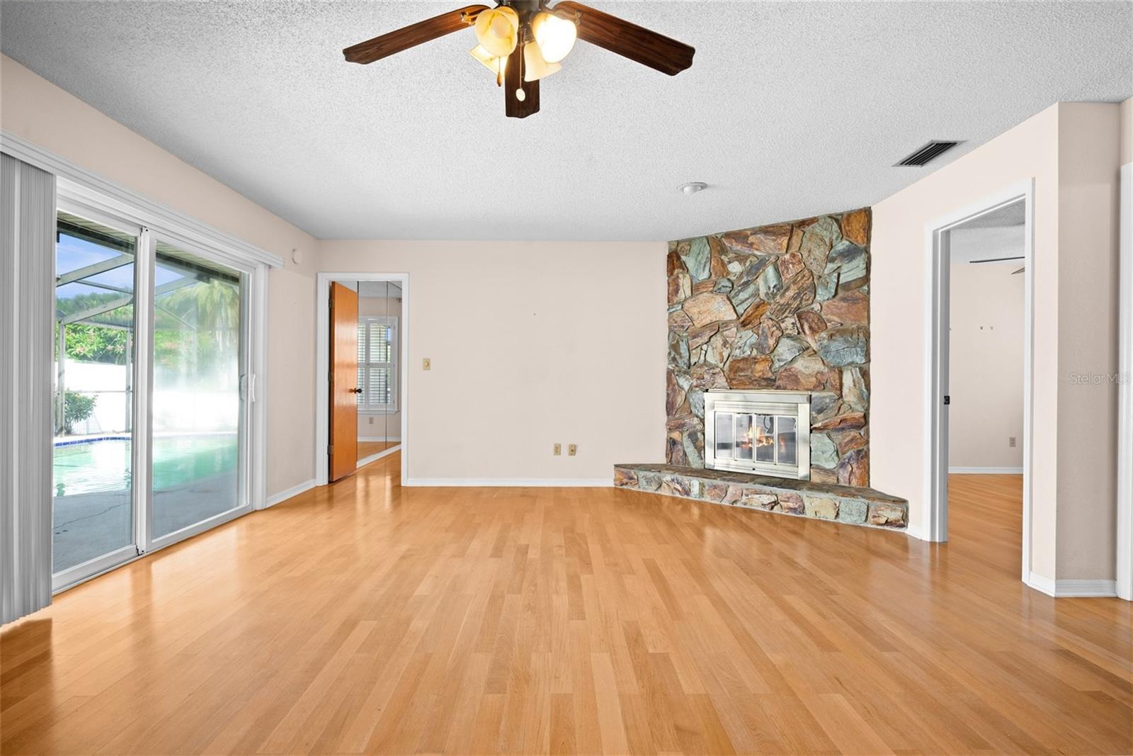 Family Room with wood burning fireplace