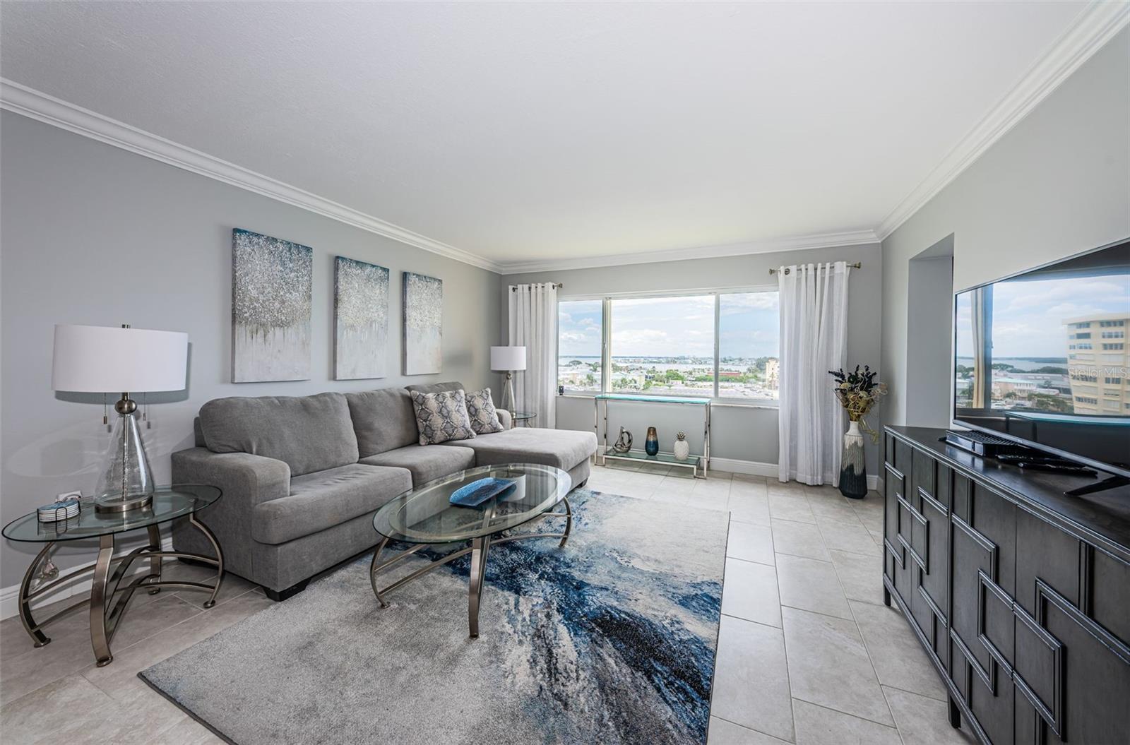 Living room with beautiful south western views of the intercoastal and Gulf