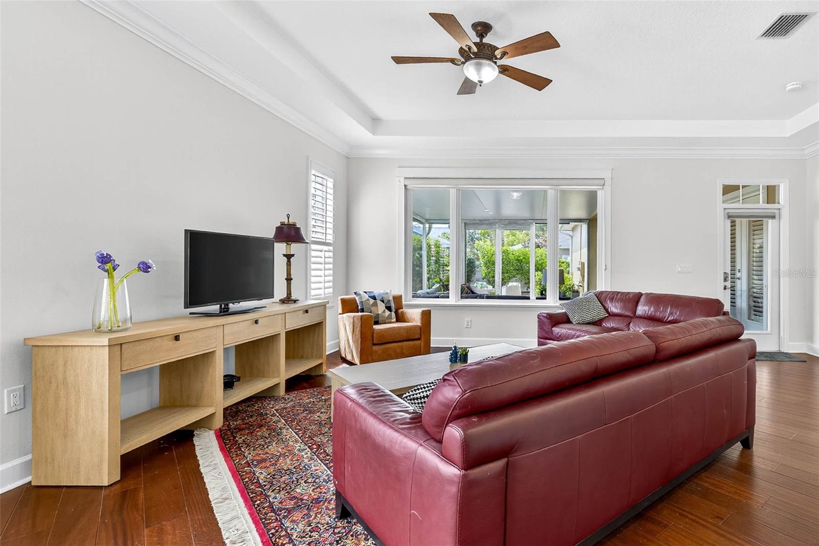 Family room with view to private, pavered patio