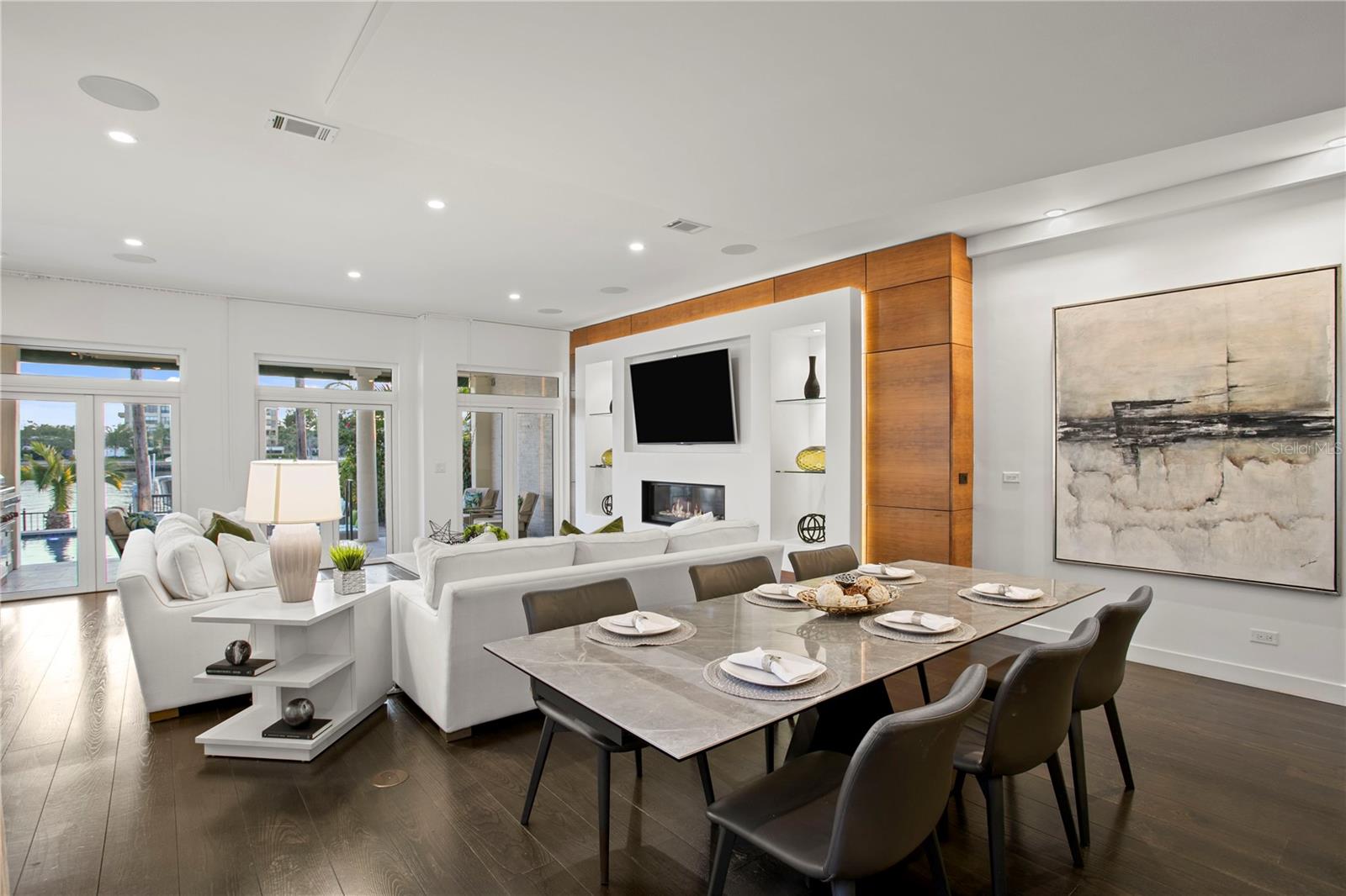 Overview of informal dining space and great room; notice the rich textures