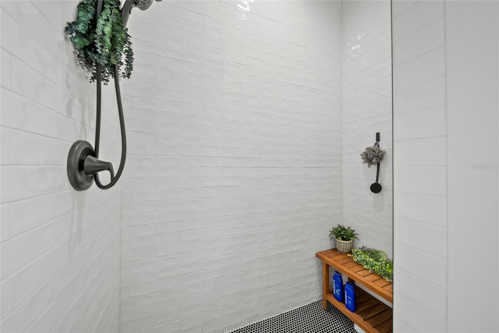 master walk-in shower with dual showerheads