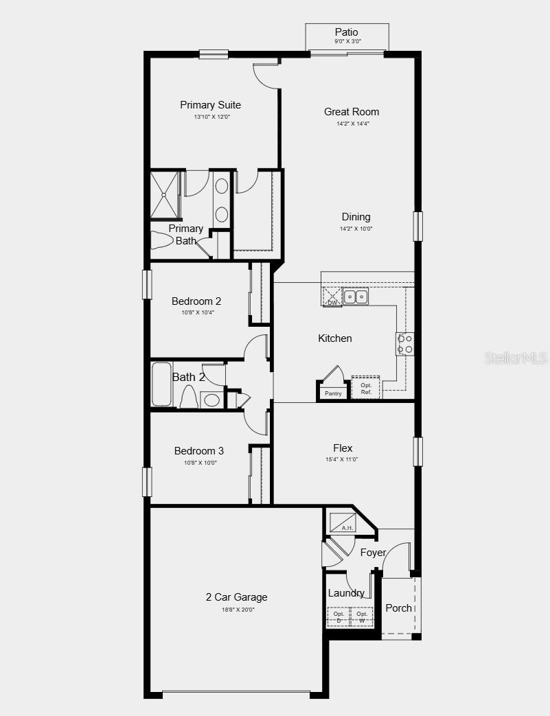 Floor Plan - Additional highlights include: quartz countertops in the kitchen and bathrooms, tile in the main living areas, all appliances included, and window blinds throughout the home