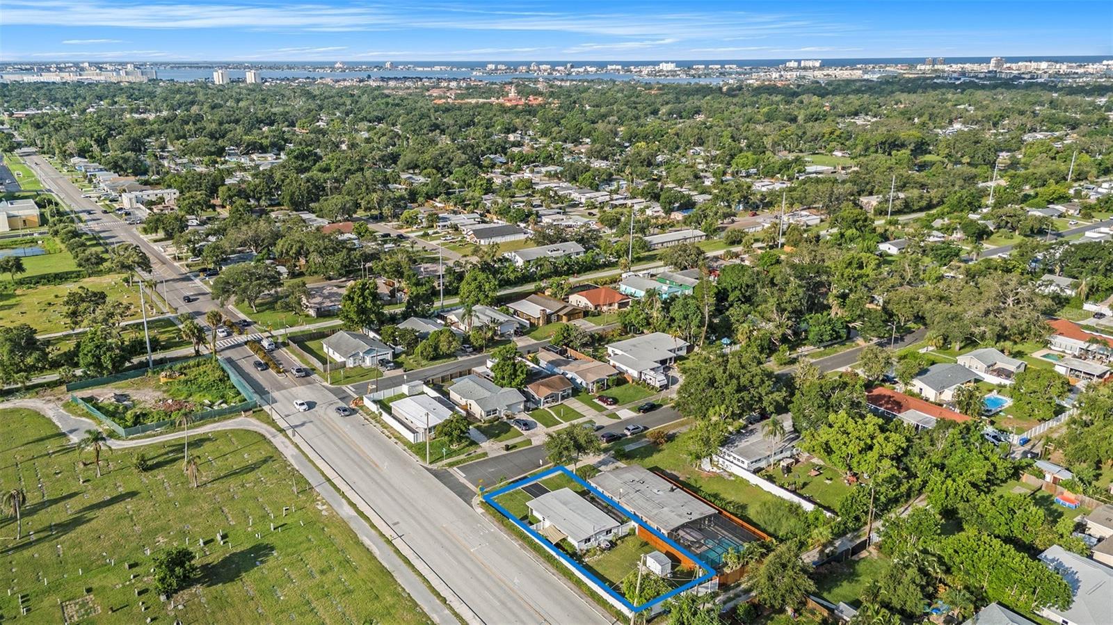 Looking southwest towards the Gulf. Home is outlined in blue.